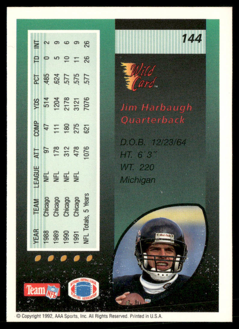 Jim Harbaugh 1992 Wild Card #144 Chicago Bears