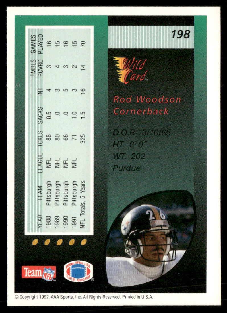 Rod Woodson 1992 Wild Card #198 Pittsburgh Steelers