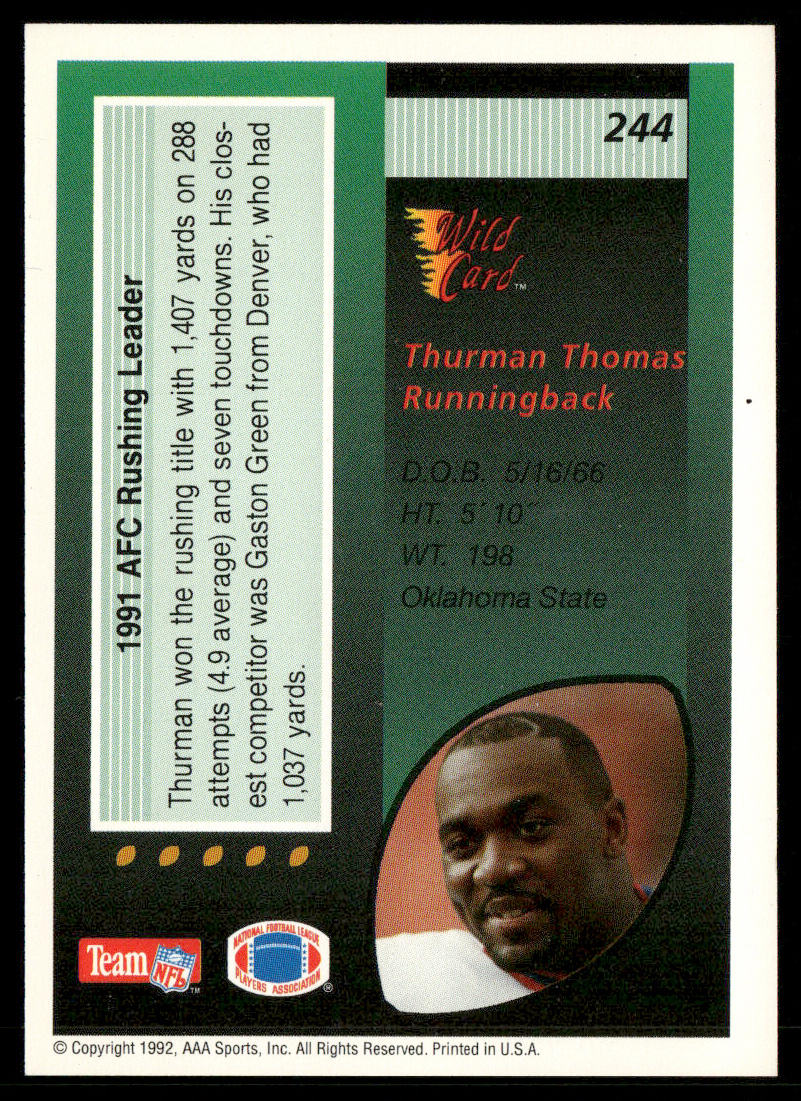 Thurman Thomas 1992 Wild Card #244 Buffalo Bills