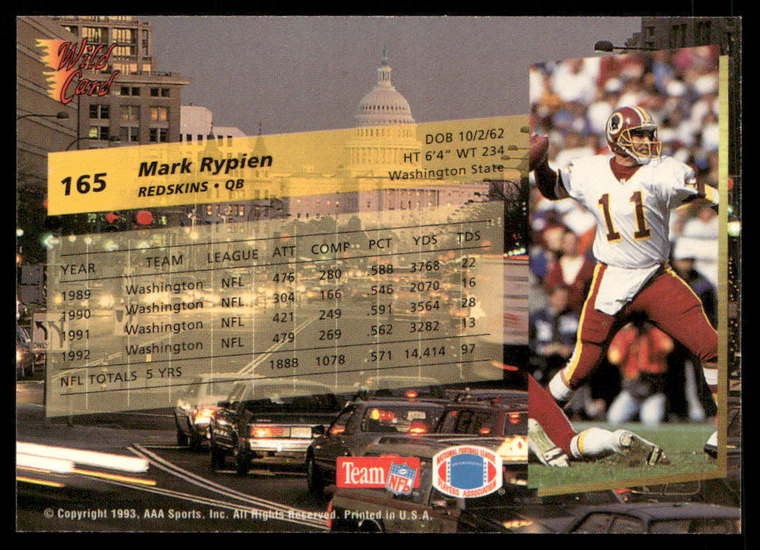 Mark Rypien 1993 Wild Card #165 Washington Redskins