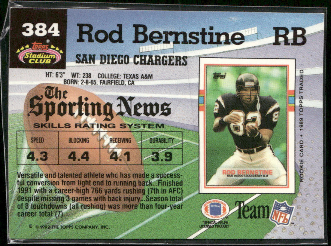 Rod Bernstine 1992 Stadium Club #384 San Diego Chargers