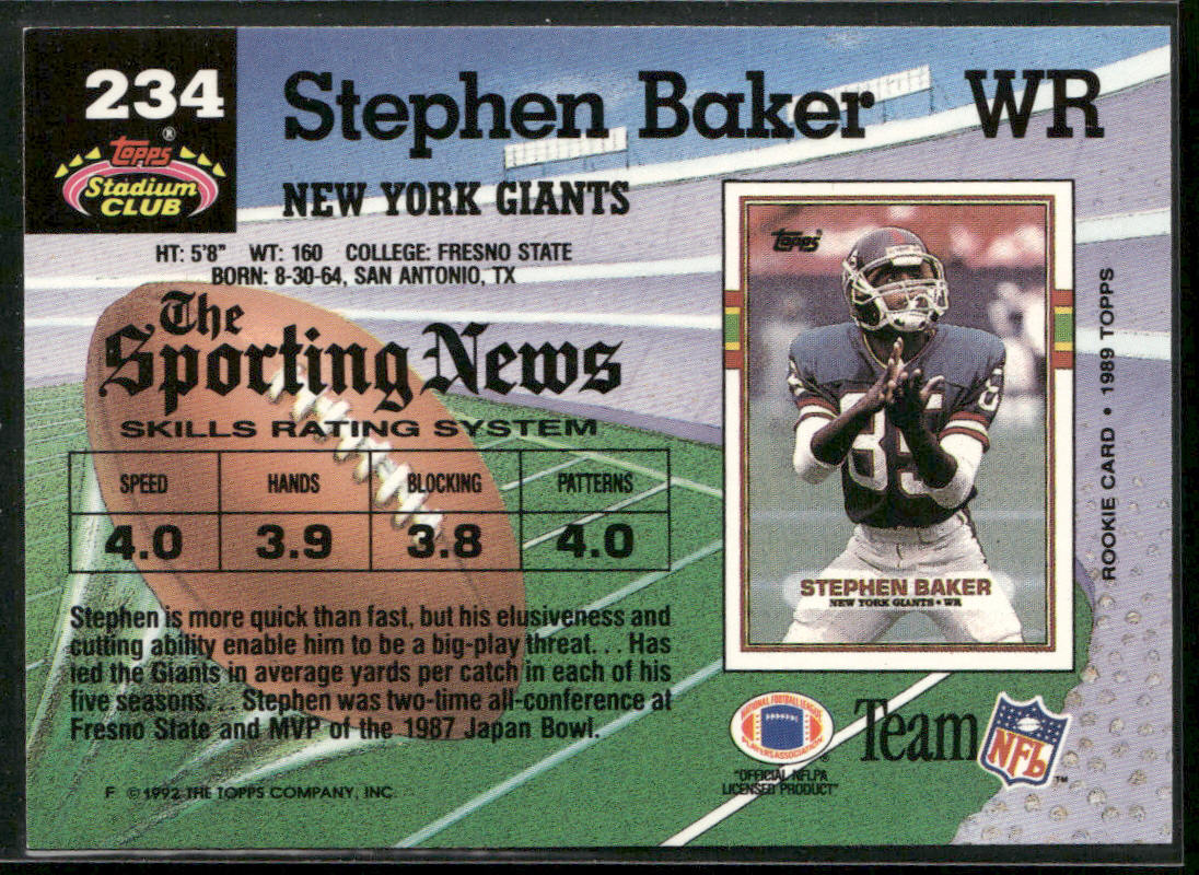 Stephen Baker 1992 Stadium Club #234 New York Giants