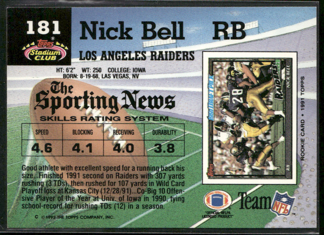 Nick Bell 1992 Stadium Club #181 Los Angeles Raiders