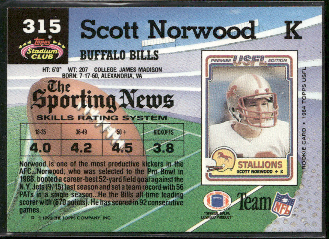 Scott Norwood 1992 Stadium Club #315 Buffalo Bills