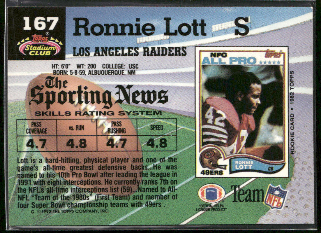Ronnie Lott 1992 Stadium Club #167 Los Angeles Raiders