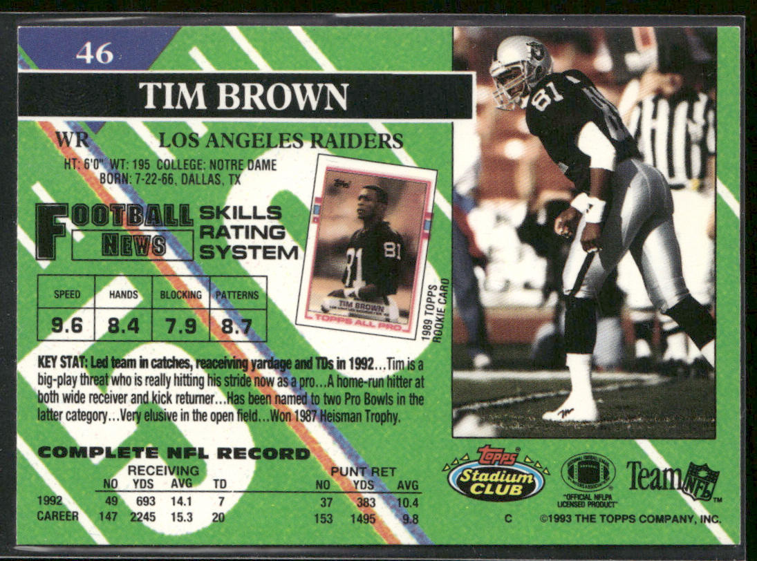 Tim Brown 1993 Stadium Club #46 Los Angeles Raiders