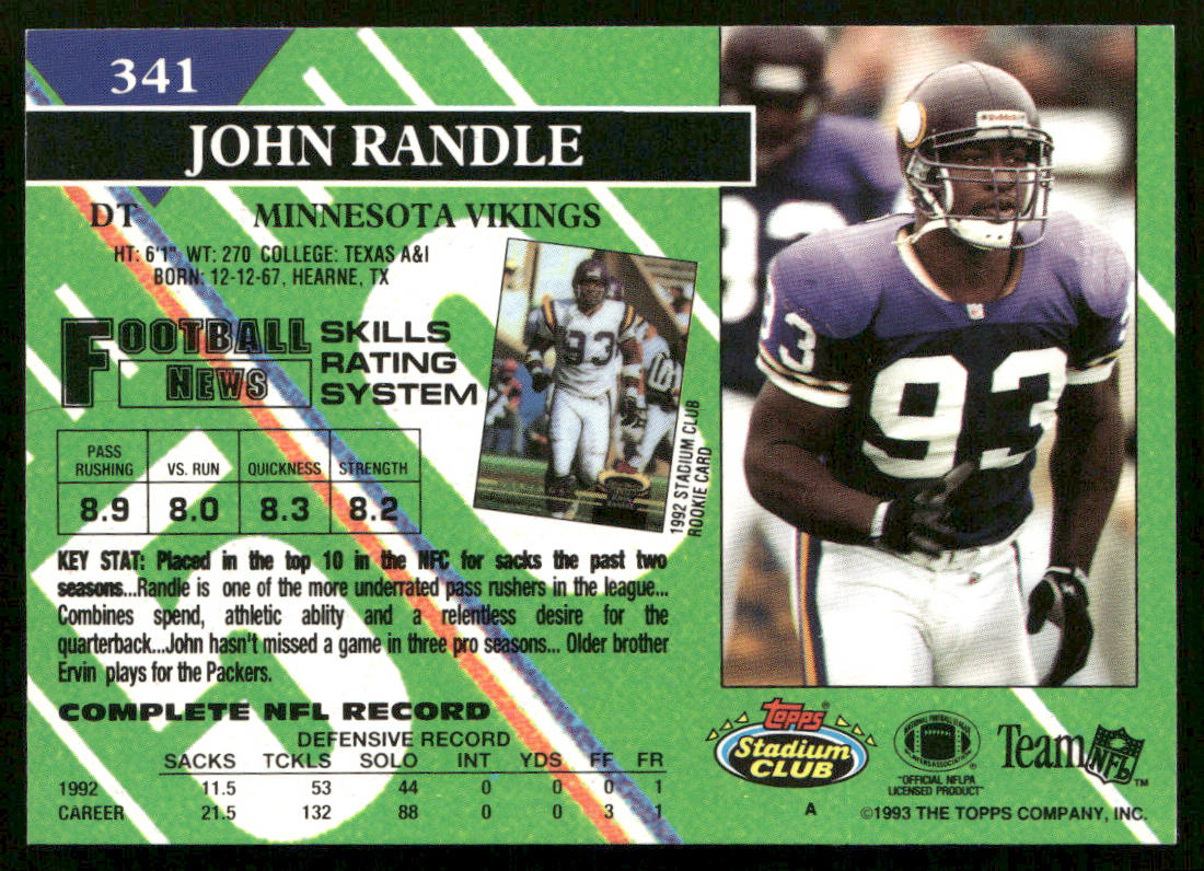 John Randle 1993 Stadium Club #341 Minnesota Vikings