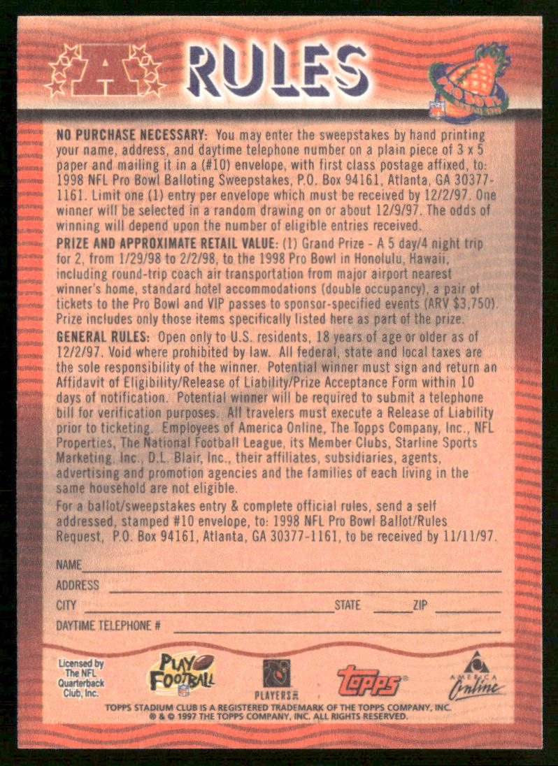 Pro Bowl Ballot: 1997 Stadium Club 1998 Official Pro Bowl Ballots #8