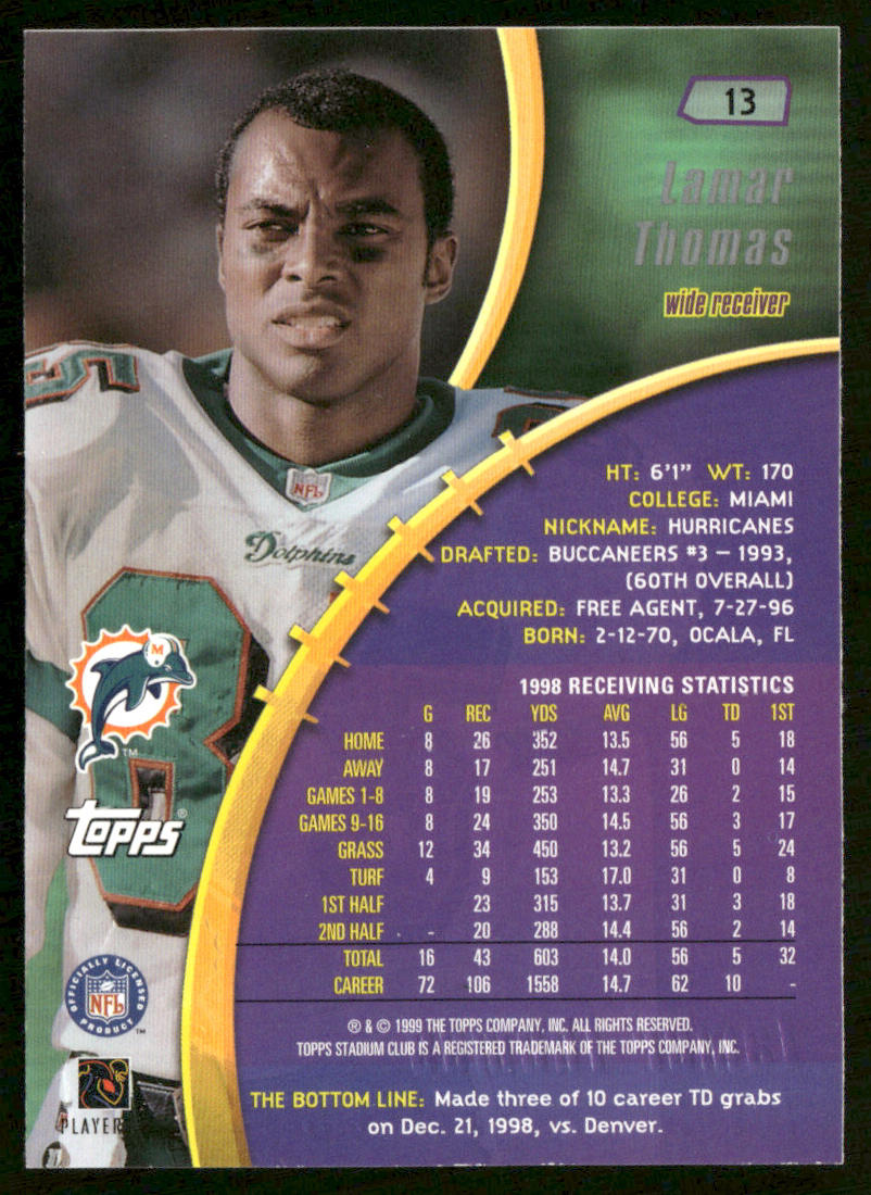 Lamar Thomas 1999 Stadium Club #13 Miami Dolphins