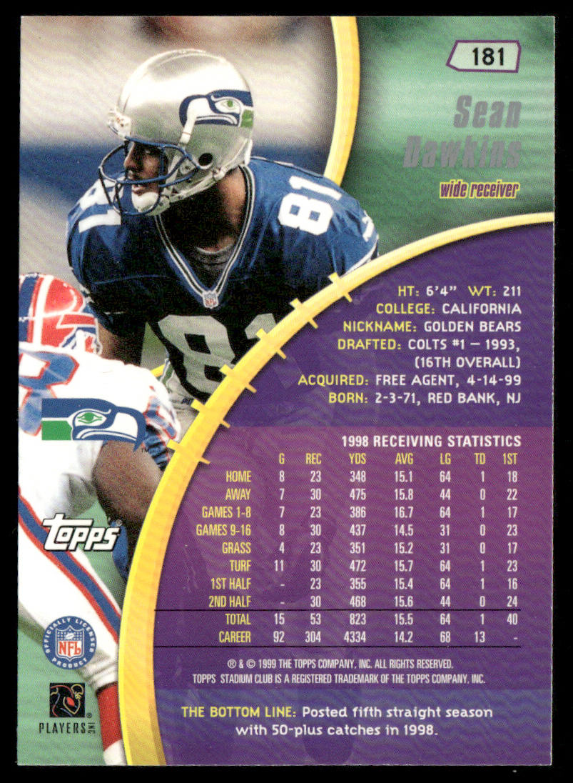 Sean Dawkins 1999 Stadium Club #181 Seattle Seahawks