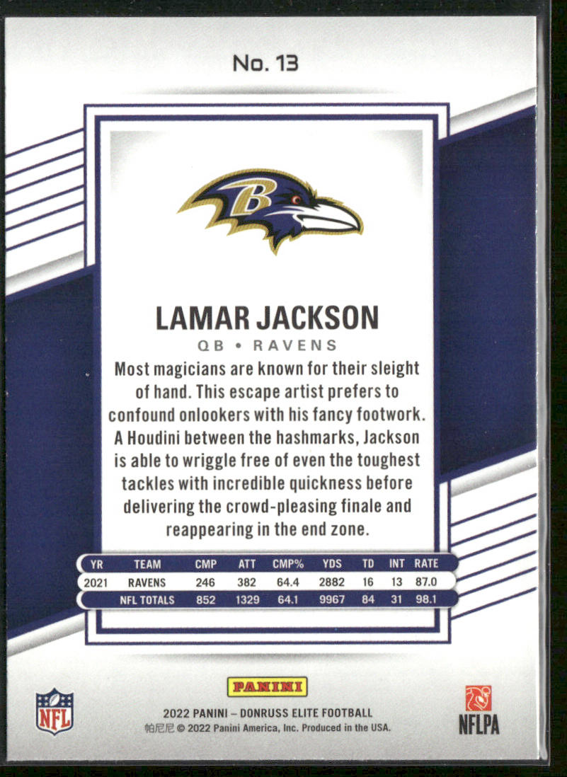 Lamar Jackson 2022 Donruss Elite #13 Baltimore Ravens