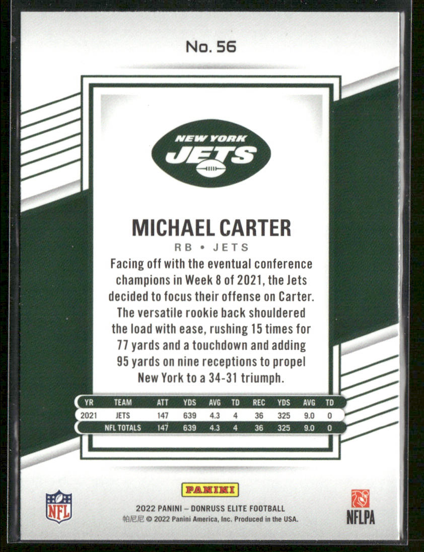 Michael Carter 2022 Donruss Elite #56 New York Jets