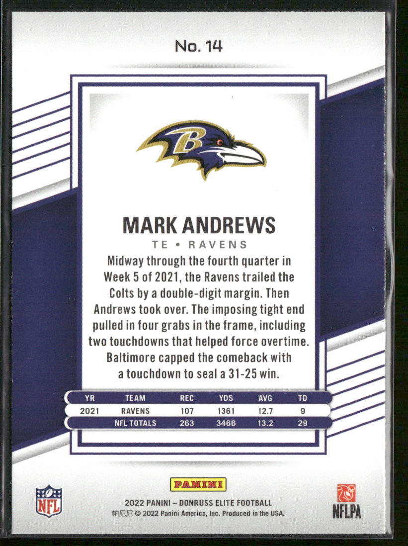 Mark Andrews 2022 Donruss Elite #14 Baltimore Ravens