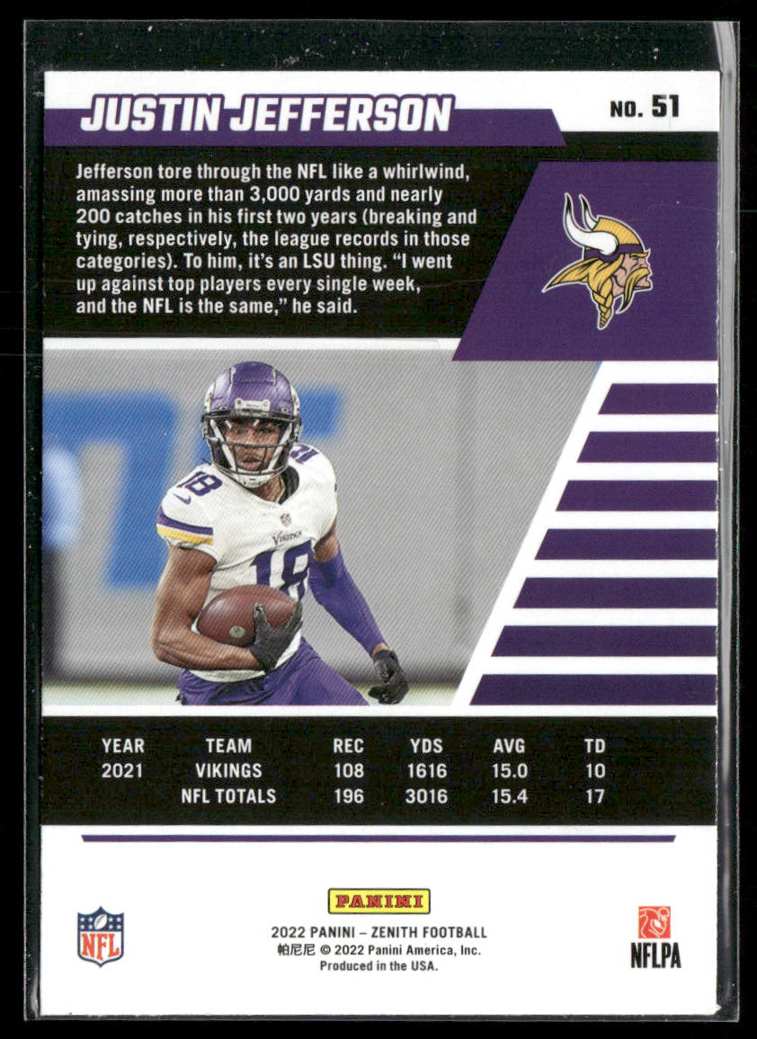 Justin Jefferson 2022 Zenith Retail #51 Minnesota Vikings