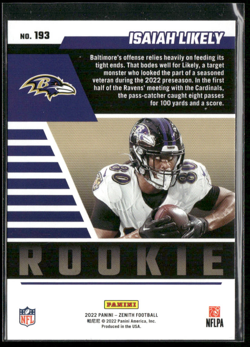Isaiah Likely 2022 Zenith Retail #193 RC Baltimore Ravens