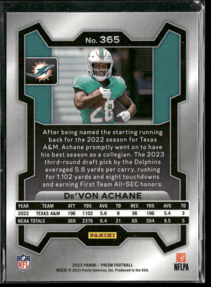 De'Von Achane 2023 Panini Prizm #365 RC Miami Dolphins