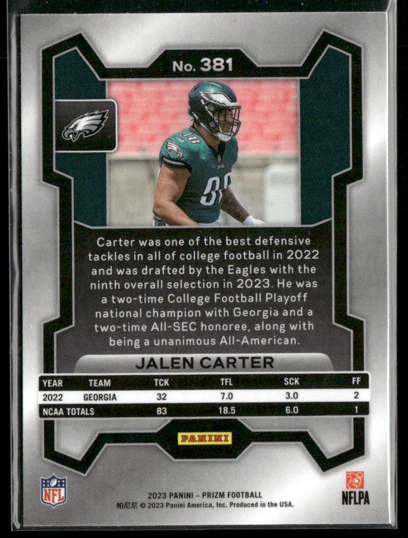 Jalen Carter 2023 Panini Prizm #381 RC Philadelphia Eagles
