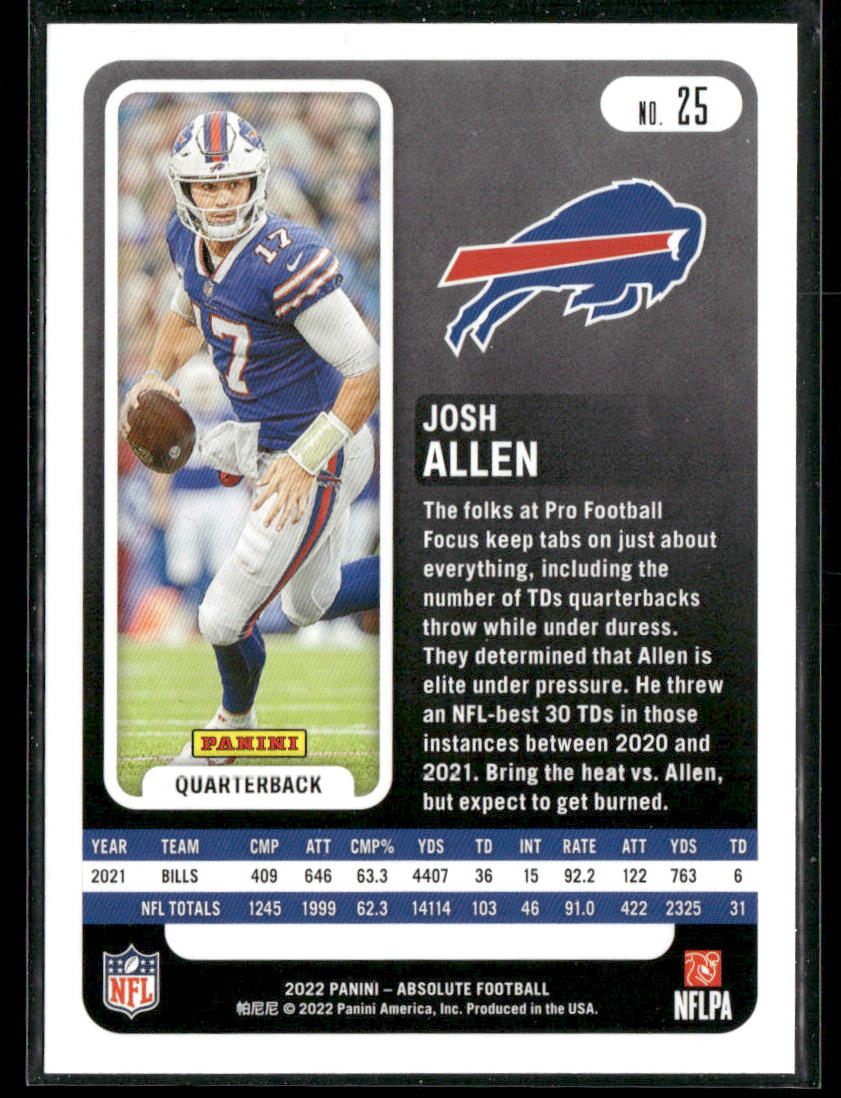 Josh Allen 2022 Panini Absolute Retail #25 Buffalo Bills