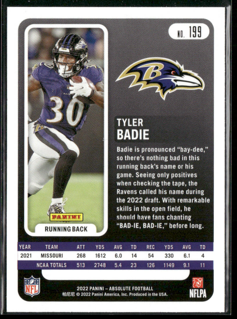 Tyler Badie 2022 Panini Absolute Retail #199 RC Baltimore Ravens