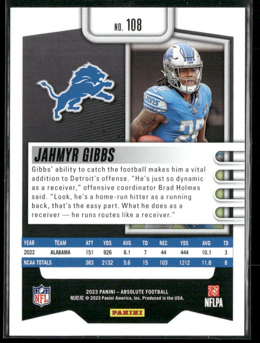 Jahmyr Gibbs 2023 Panini Absolute Retail #108 RC Detroit Lions