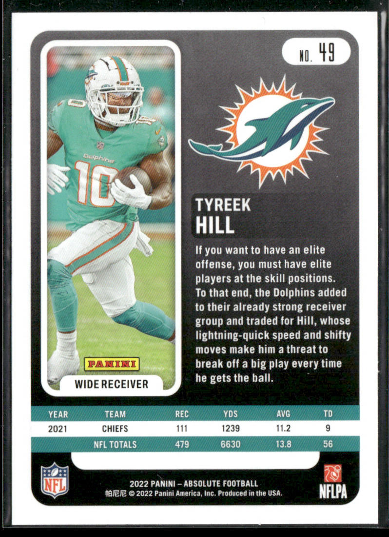 Tyreek Hill 2022 Panini Absolute #49 Miami Dolphins