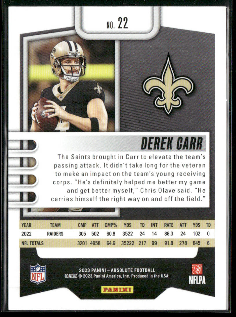 Derek Carr 2023 Panini Absolute Retail #22 New Orleans Saints