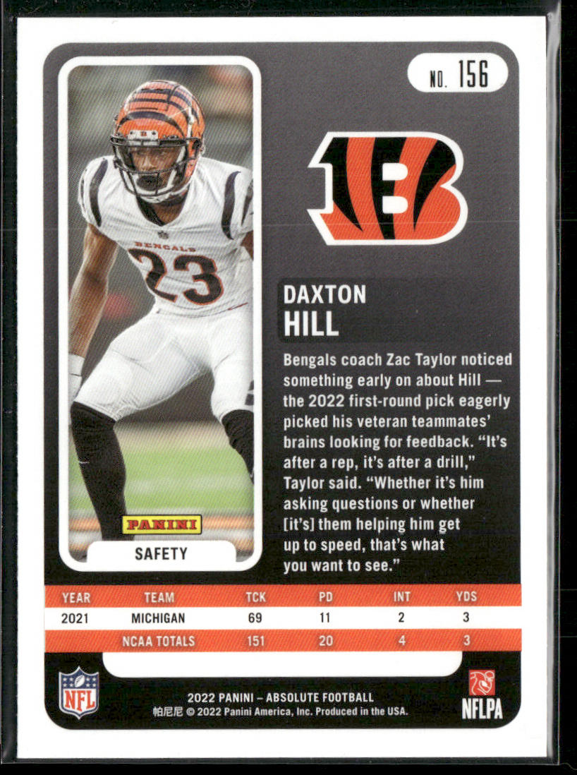 Daxton Hill 2022 Panini Absolute Retail #156 RC Cincinnati Bengals