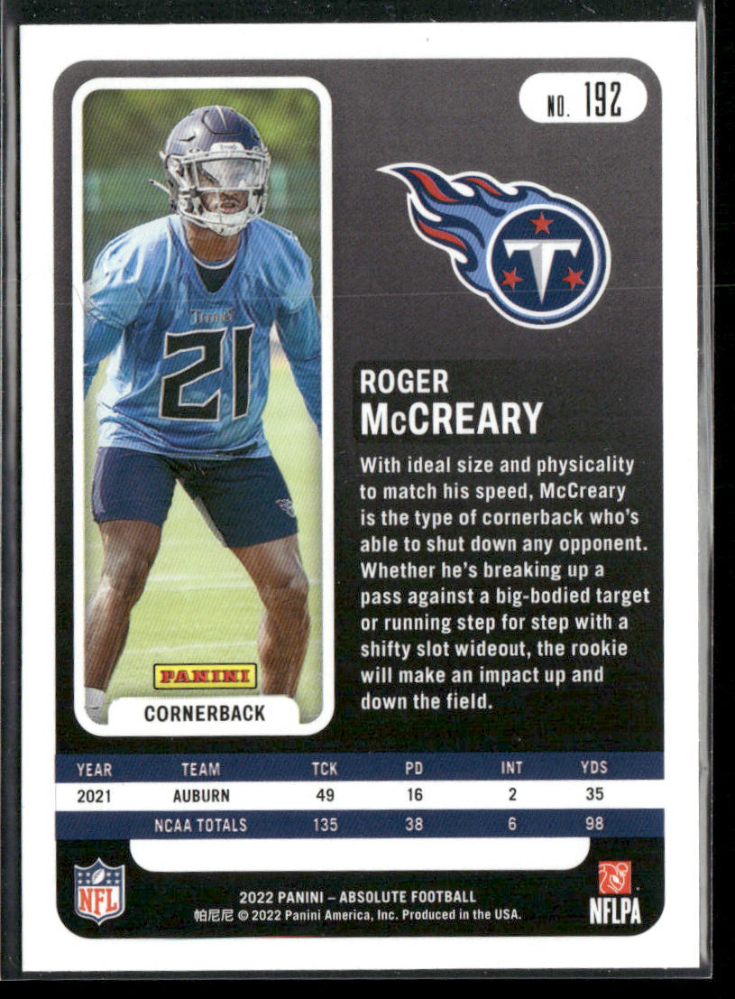 Roger McCreary 2022 Panini Absolute Retail #192 RC Tennessee Titans