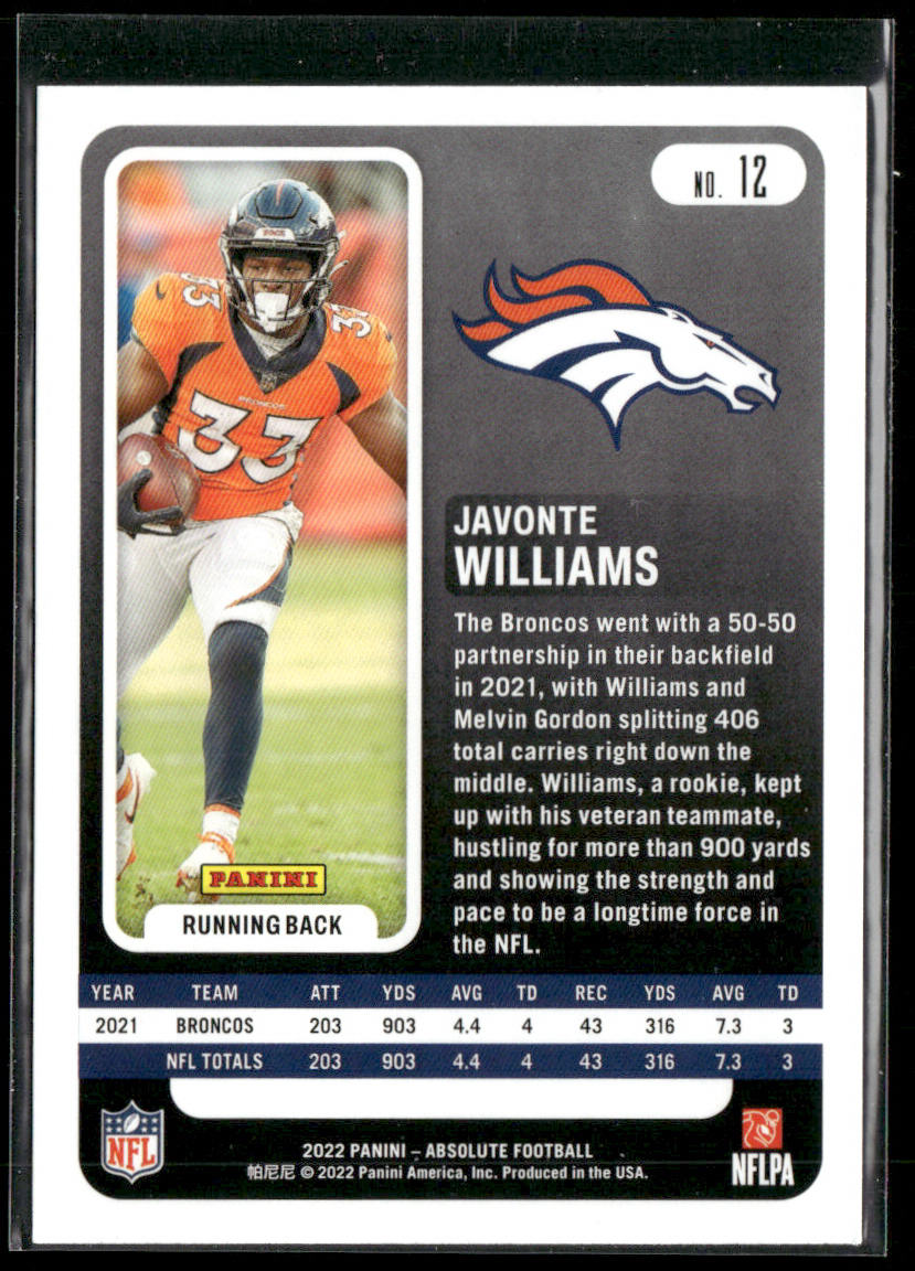 Javonte Williams 2022 Panini Absolute Retail #12 Denver Broncos