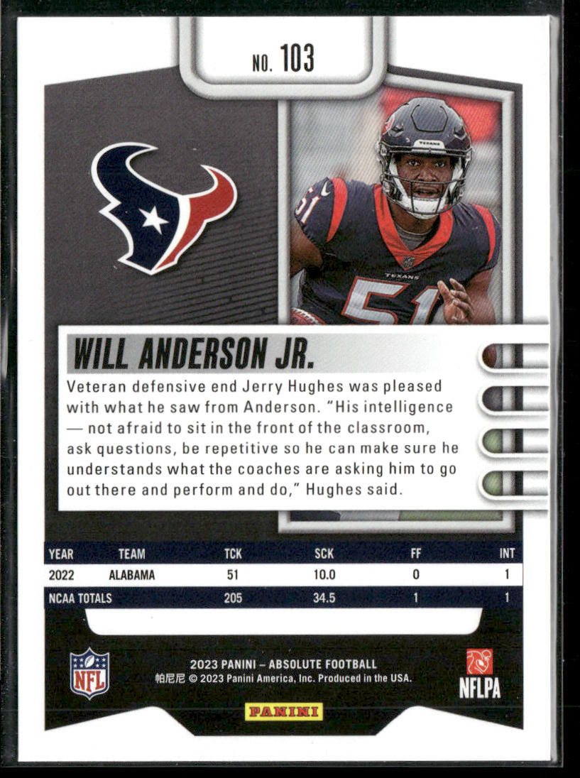 Will Anderson Jr. 2023 Panini Absolute Green #103 Houston Texans
