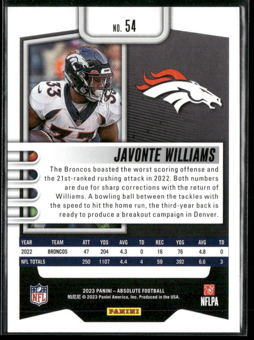 Javonte Williams 2023 Panini Absolute Green #54 Denver Broncos