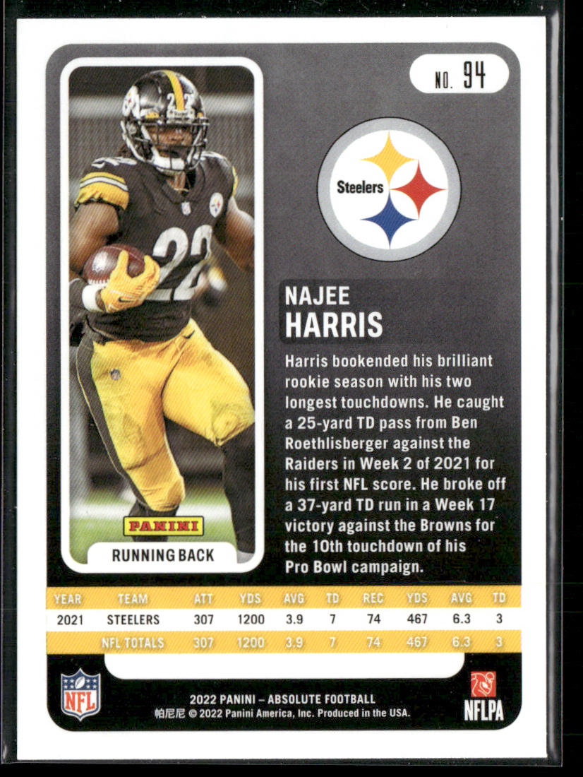 Najee Harris 2022 Panini Absolute Retail #94 Pittsburgh Steelers
