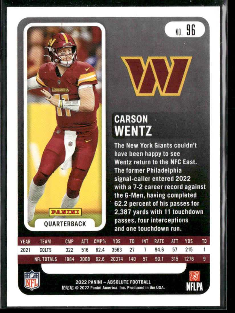 Carson Wentz 2022 Panini Absolute Retail #96 Washington Commanders