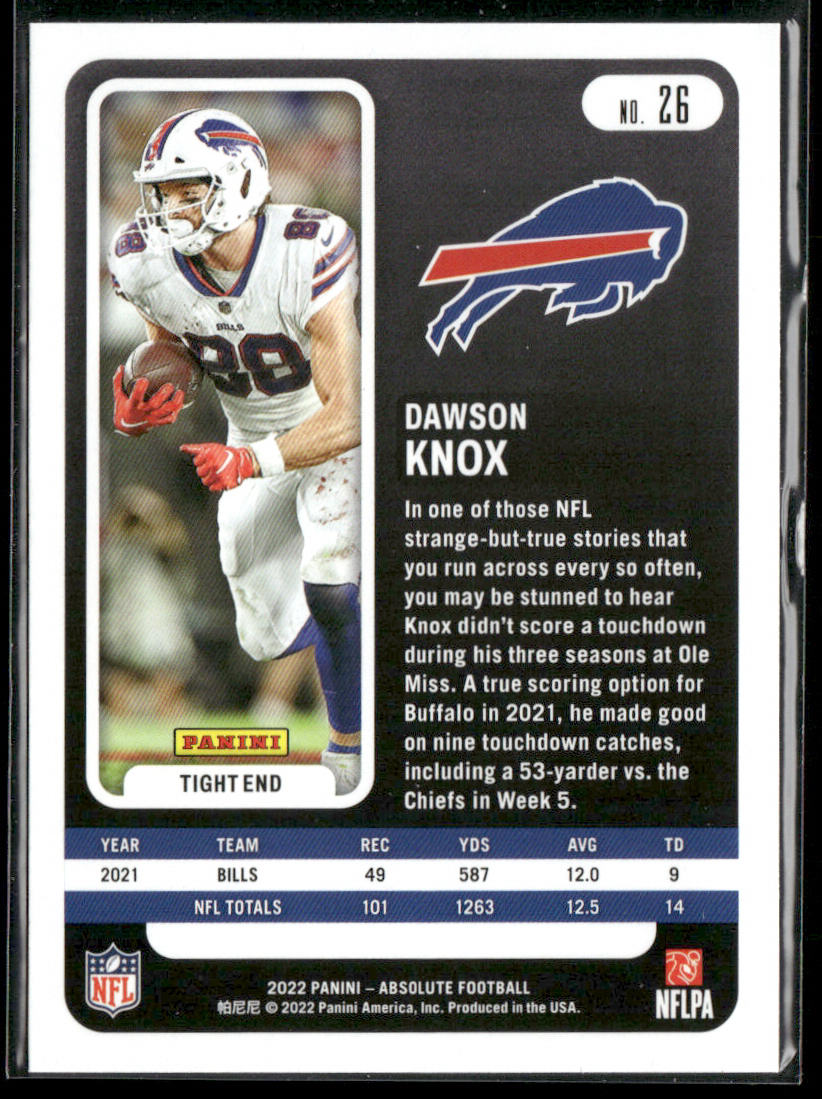 Dawson Knox 2022 Panini Absolute Green #26 Buffalo Bills