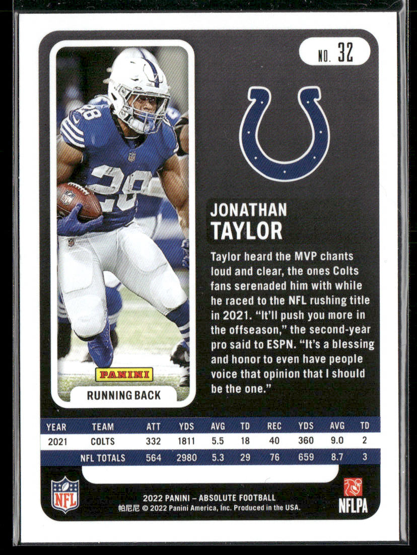 Jonathan Taylor 2022 Panini Absolute Retail #32 Indianapolis Colts
