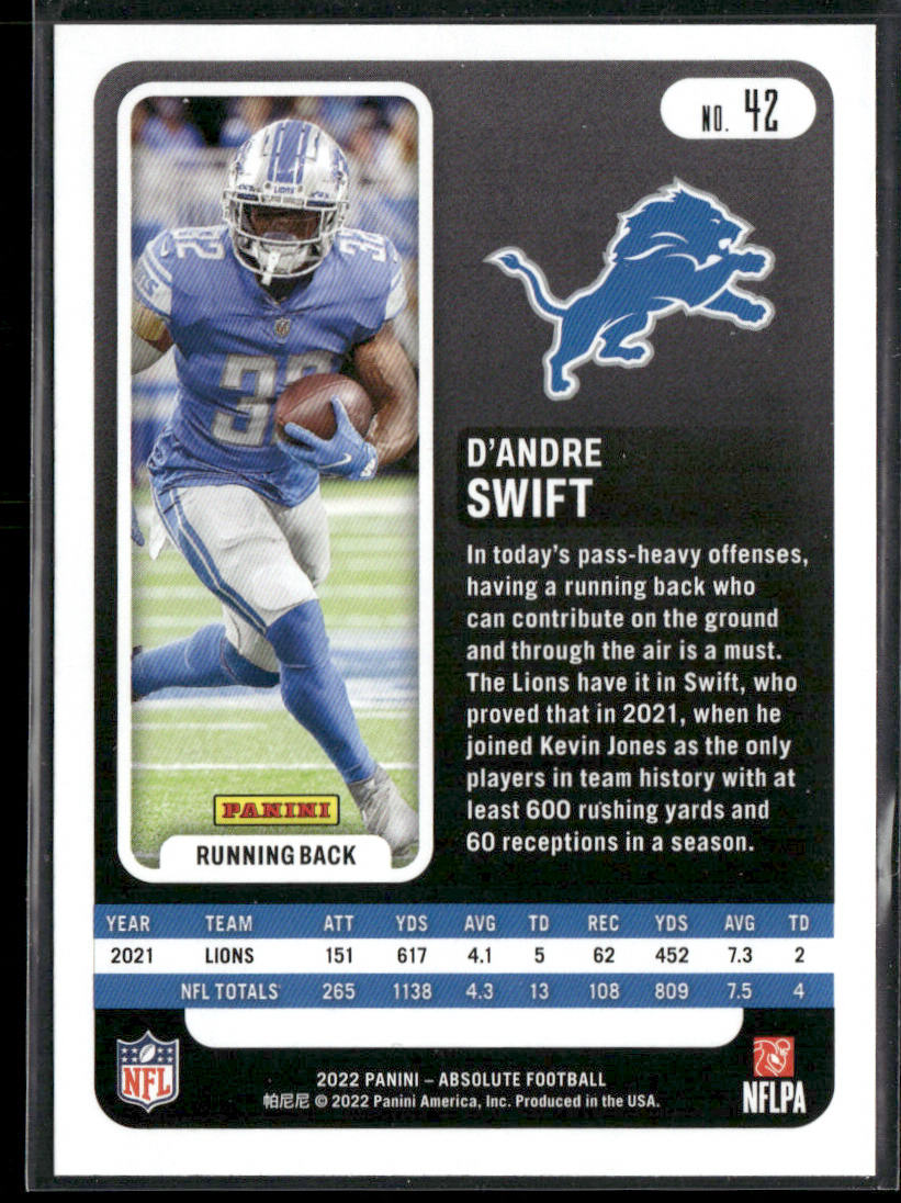 D'Andre Swift 2022 Panini Absolute Retail #42 Detroit Lions