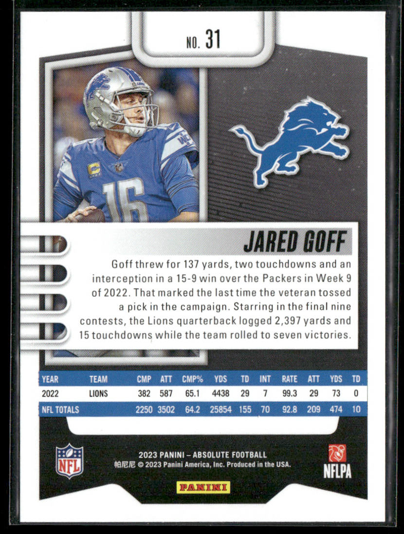 Jared Goff 2023 Panini Absolute Retail #31 Detroit Lions