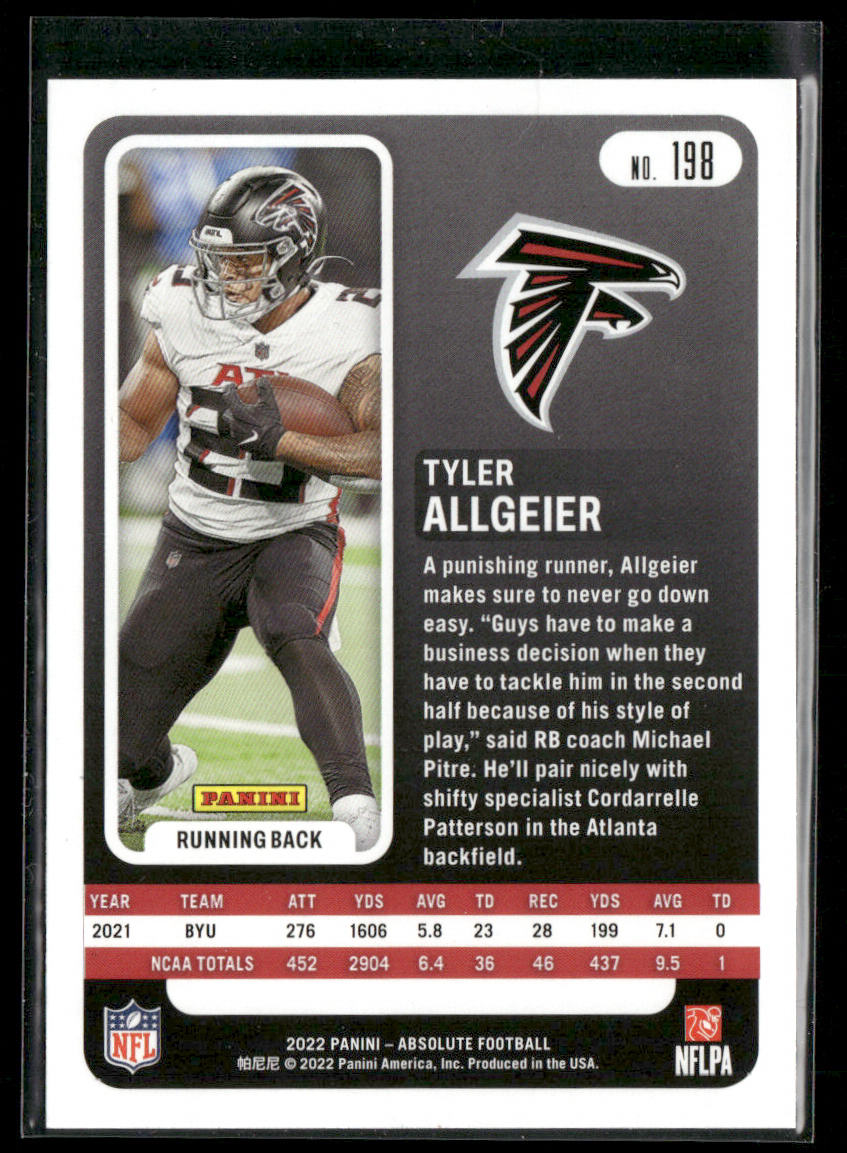 Tyler Allgeier 2022 Panini Absolute #198 RC Atlanta Falcons
