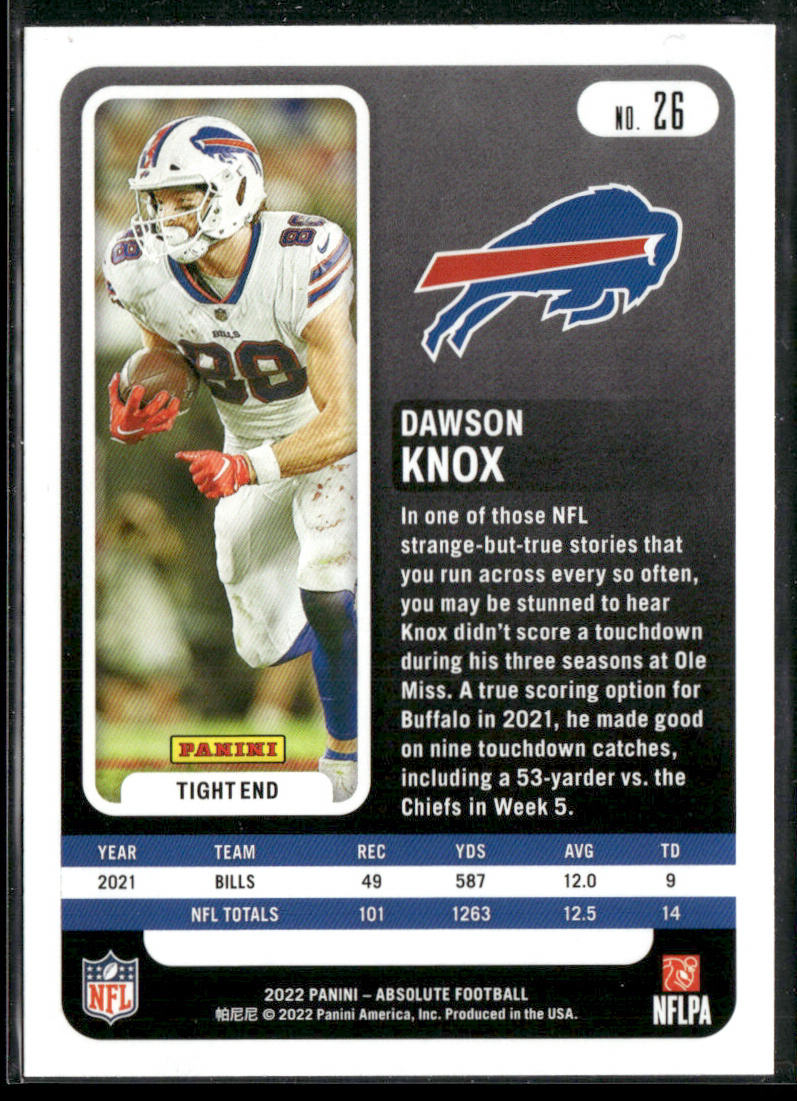 Dawson Knox 2022 Panini Absolute Retail #26 Buffalo Bills
