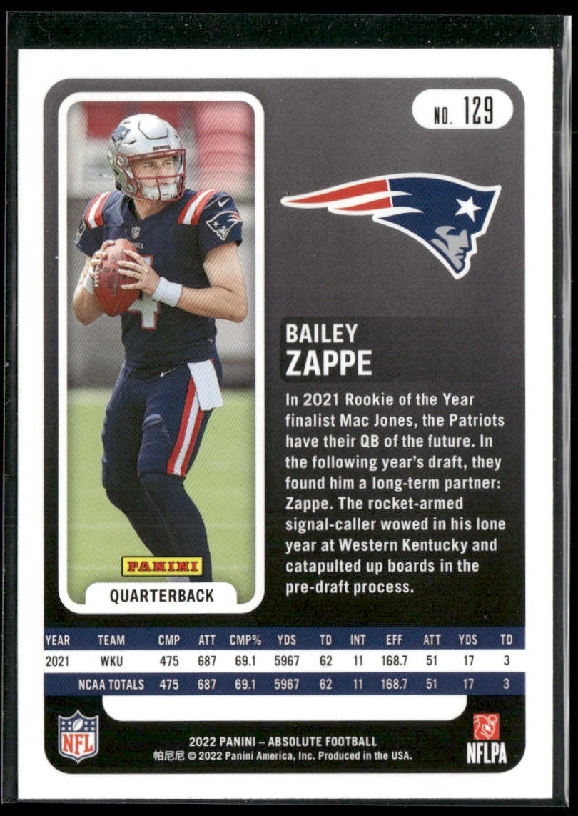 Bailey Zappe 2022 Panini Absolute Retail #129 RC New England Patriots