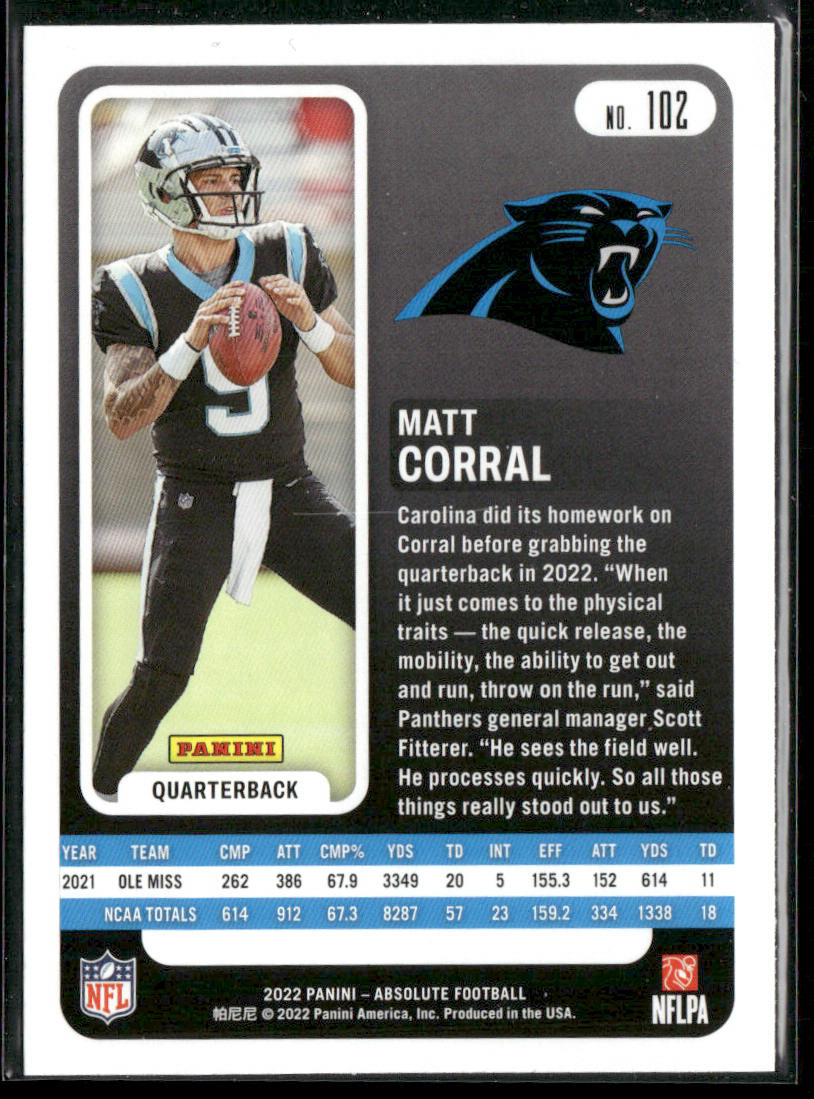 Matt Corral 2022 Panini Absolute Retail #102 RC Carolina Panthers