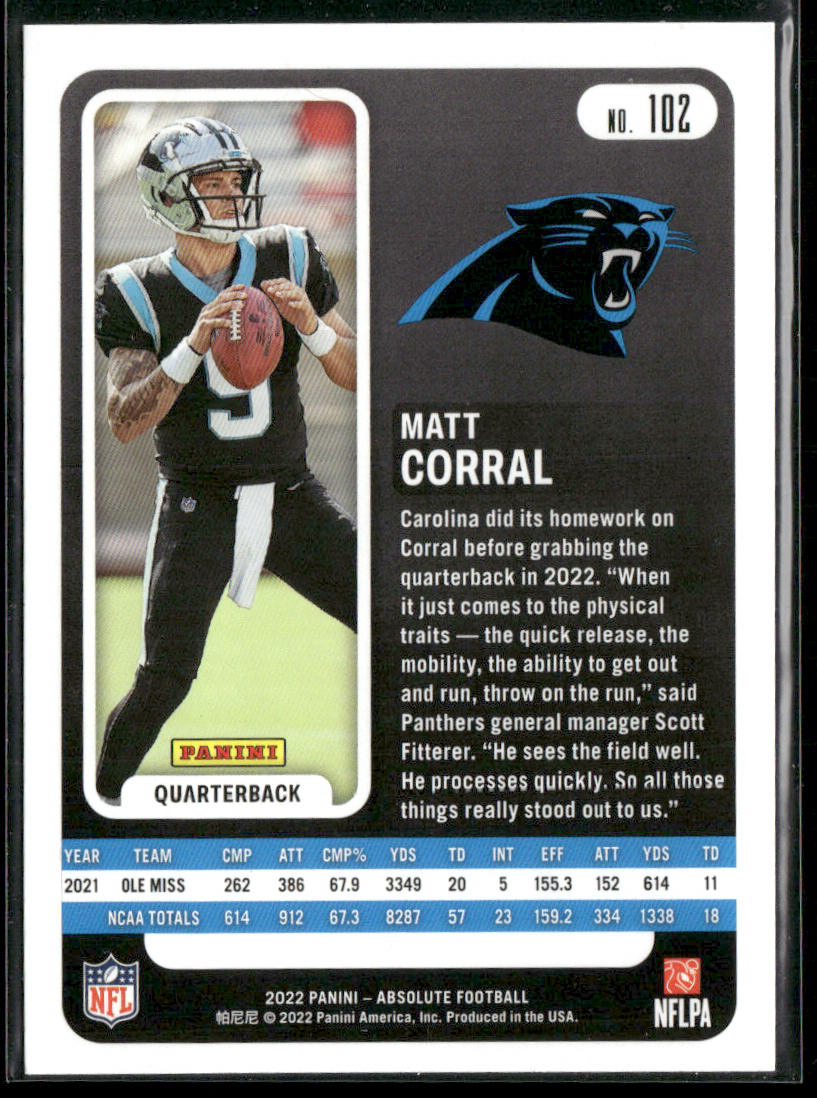 Matt Corral 2022 Panini Absolute Green #102 RC Carolina Panthers