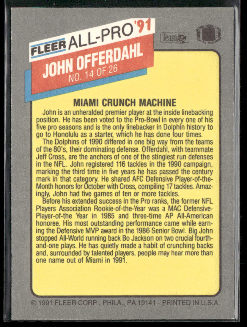 John Offerdahl 1991 Fleer All-Pro '91 #14 Miami Dolphins