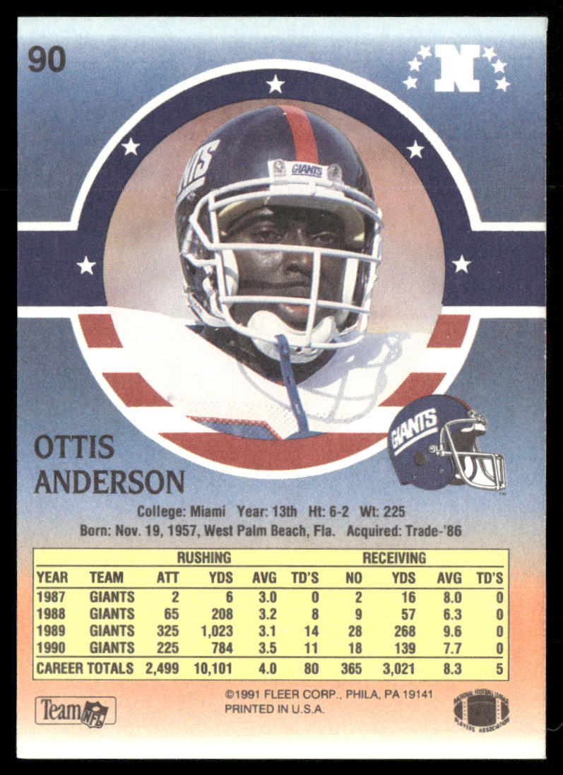 Ottis Anderson 1991 Fleer Stars 'n Stripes #90 New York Giants