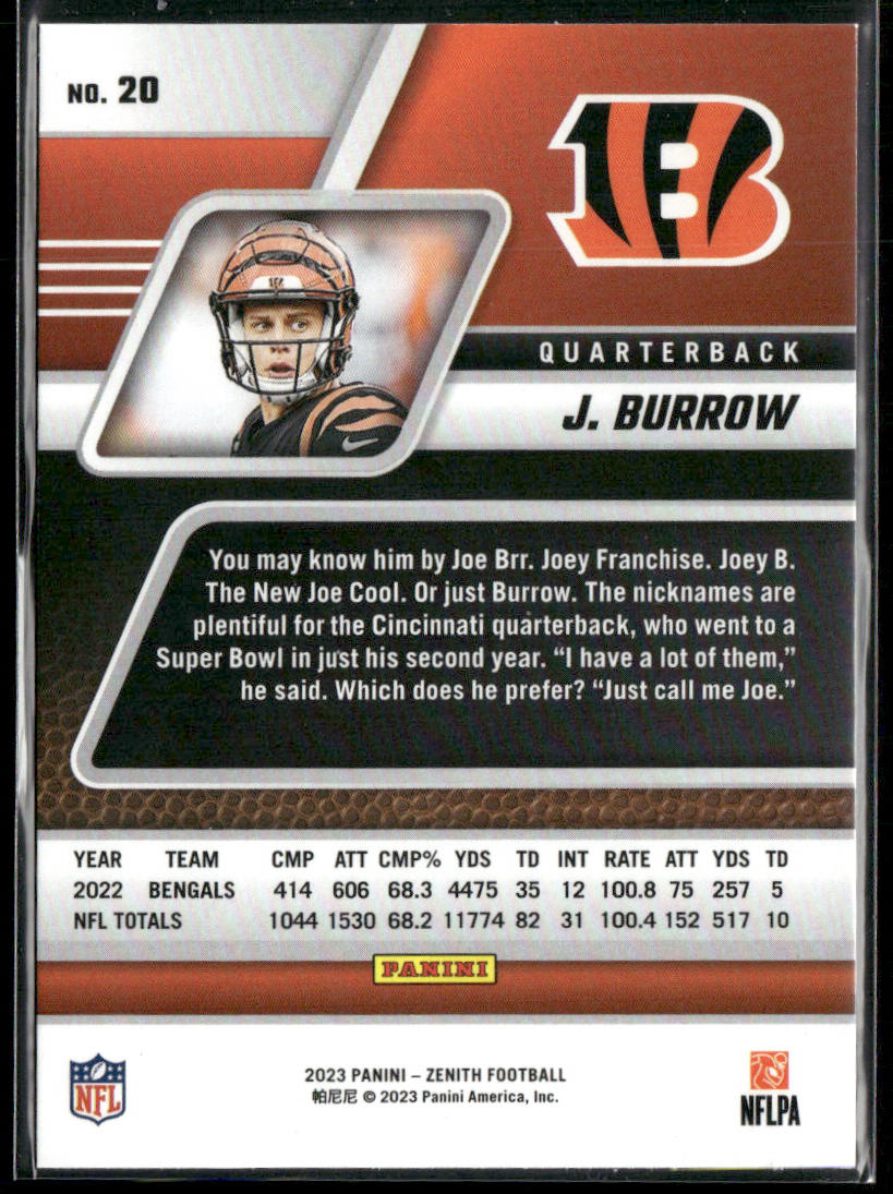 Joe Burrow 2023 Panini Zenith Red Zone #20 Cincinnati Bengals