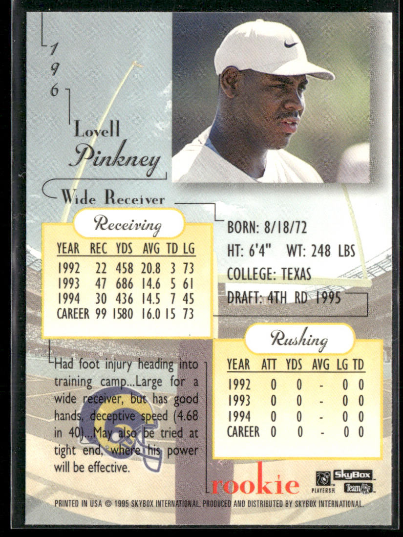 Lovell Pinkney 1995 SkyBox Premium #196 RC St. Louis Rams