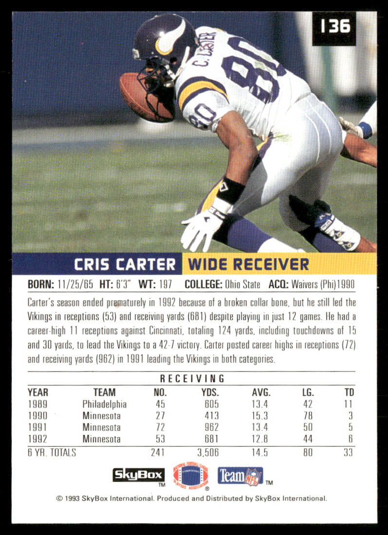 Cris Carter 1993 SkyBox Premium #136 Minnesota Vikings