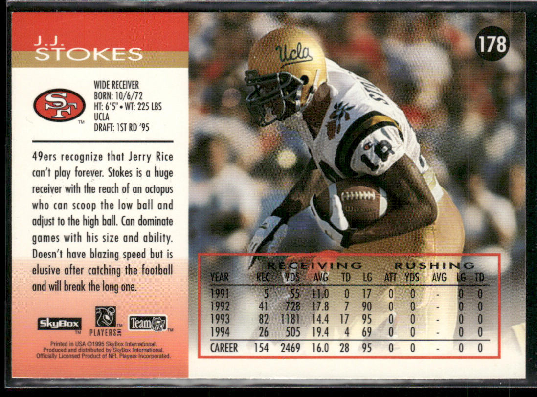 J.J. Stokes 1995 SkyBox Impact #178 RC San Francisco 49ers