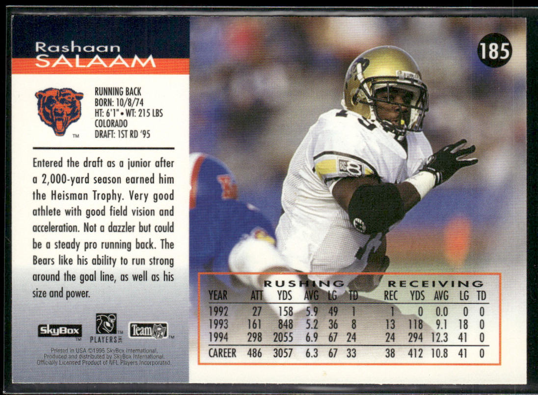 Rashaan Salaam 1995 SkyBox Impact #185 RC Chicago Bears