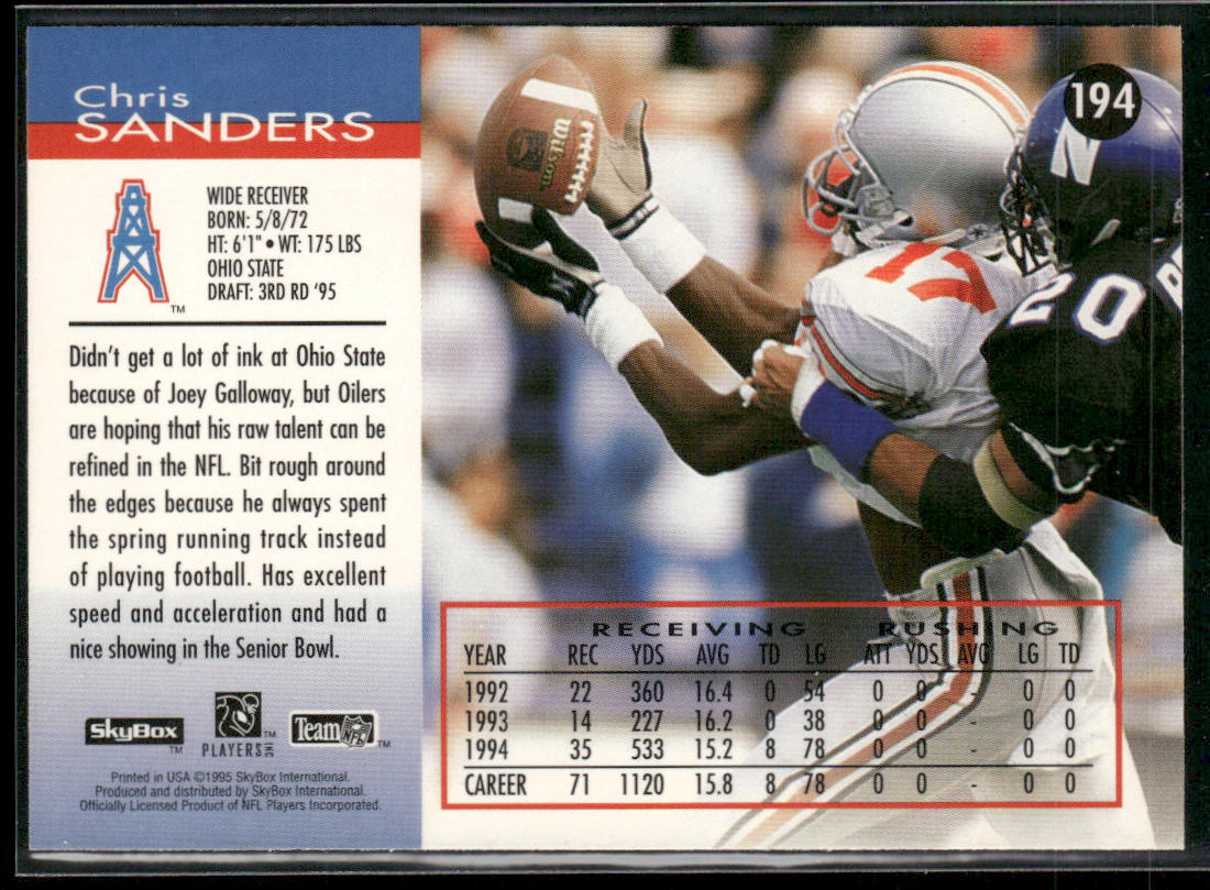 Chris Sanders 1995 SkyBox Impact #194 RC Houston Oilers
